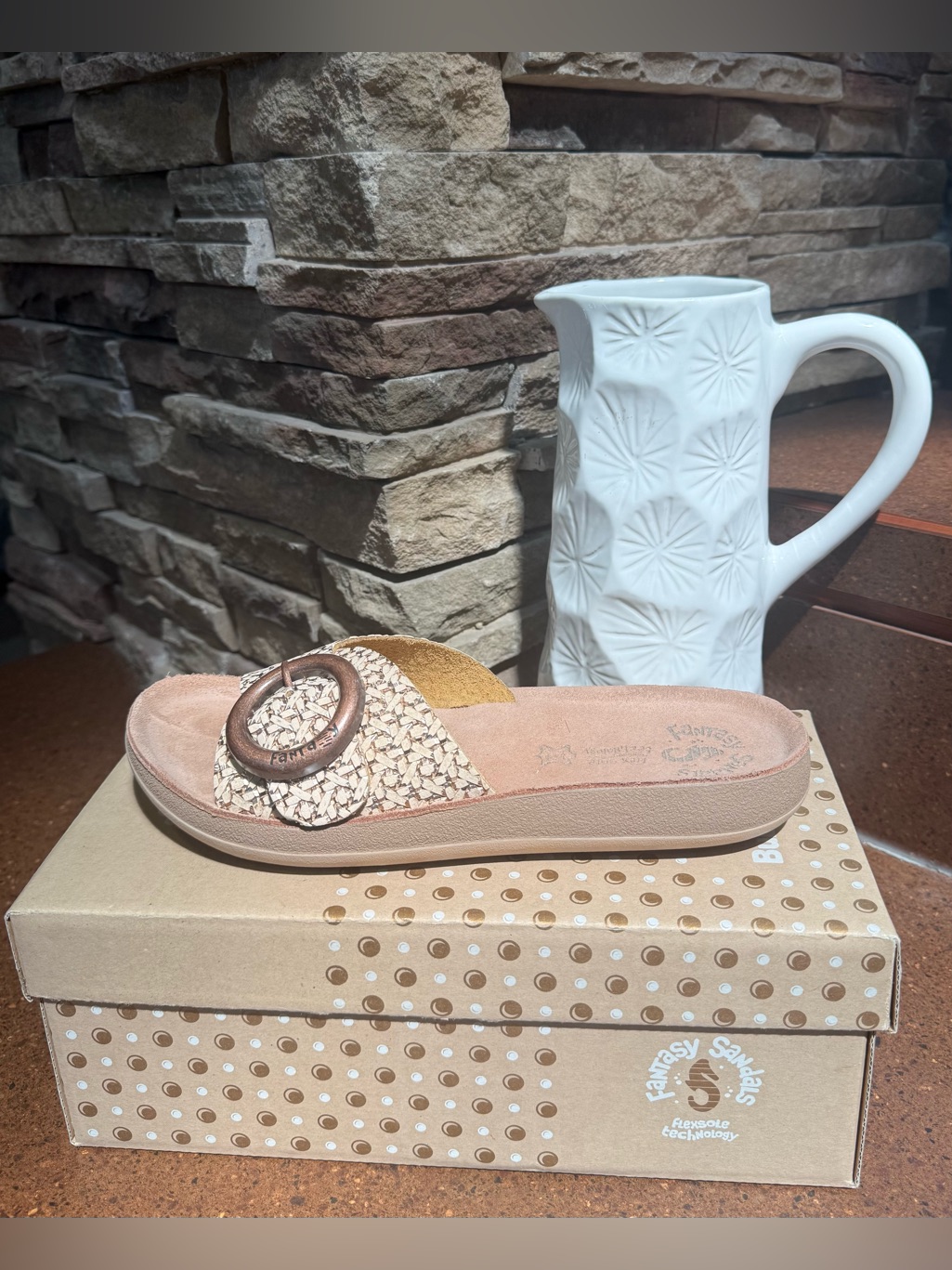 Fantasy Sandals Kiki S922 Rose Gold Embossed Leather Comfort Slides Nwt Size9